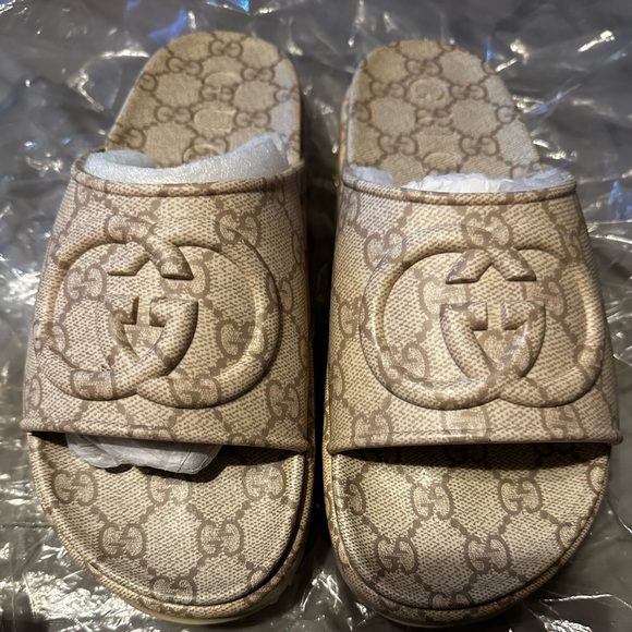 Gucci Beige Monogram Sandals - Picture 1 of 5